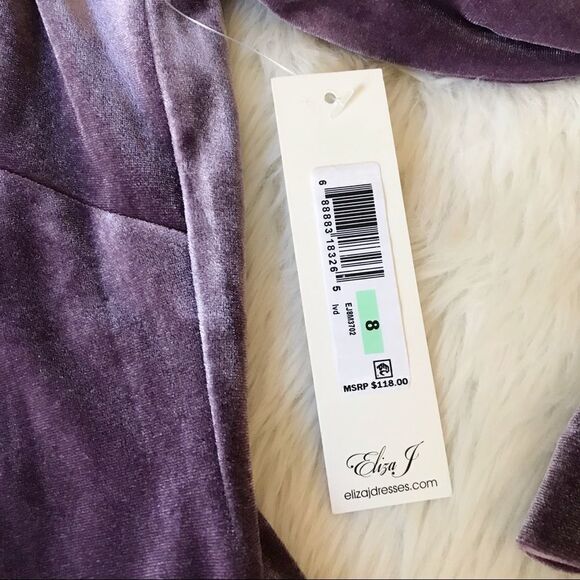ELIZA J Velvet Off The Shoulder Dress Long Sleeve Short Sheath Purple Size 8 New - Picture 7 of 16